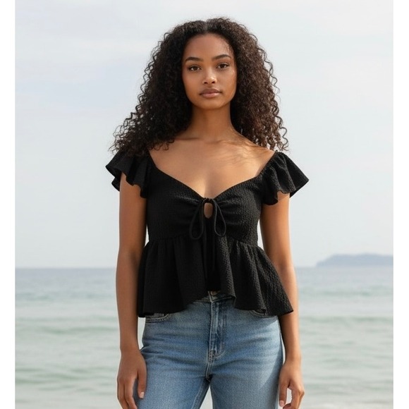 Urban Outfitters Tops - Urban Outfitters Peplum Top Womens S Black Flutter Sleeve Tie Front